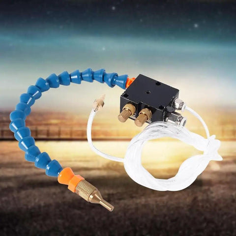 Coolant Mist Lubrication Spray System For Metal Cutting And Engraving, adjustable sprayer with blue tube and brass fittings.