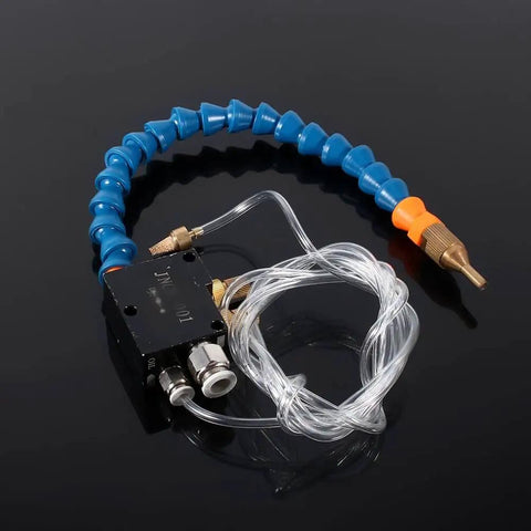 Coolant Mist Lubrication Spray System for Metal Cutting and Engraving, adjustable air pressure, shown with 8mm pipe and connected tube.