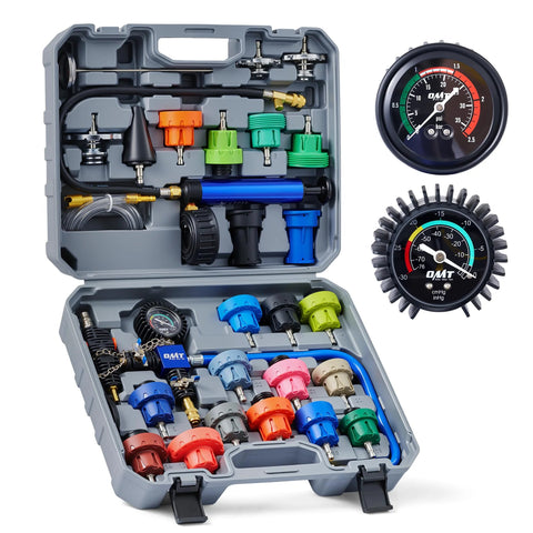 Orion Motor Tech 31pc coolant pressure tester kit in gray case with 23 radiator adapters and vacuum pump