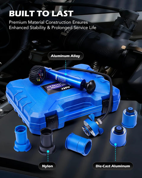 Orion Motor Tech coolant pressure tester kit, 7pc with aluminum alloy pump and 0-30 psi gauge, 0.4/0.6 in adapters.