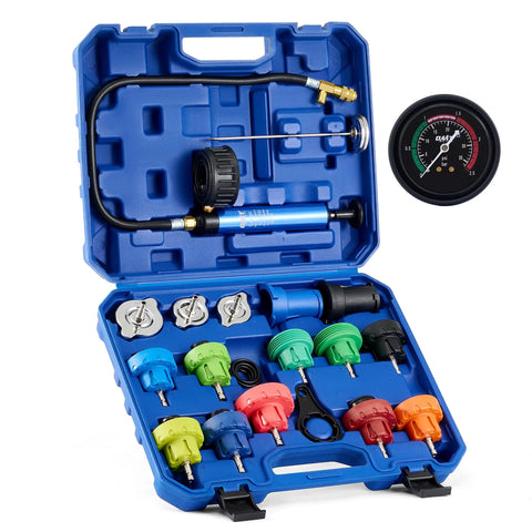 Orion Motor Tech coolant pressure tester kit in blue case, 19-piece set with gauge, vacuum pump, and 15 radiator adapters.