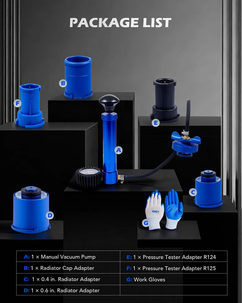 Orion Motor Tech coolant tester kit with blue vacuum pump, 0.4 in and 0.6 in radiator adapters, gauge, gloves.
