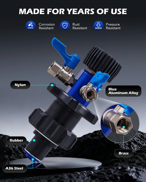 Orion Motor Tech coolant vacuum refill kit with blue body and brass fittings; includes adapters and conical adapter.