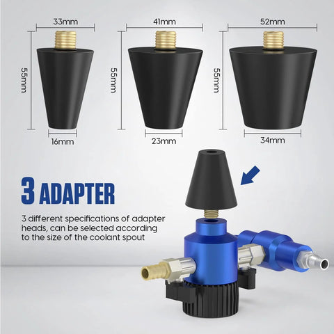MR CARTOOL coolant refill adapters: three black tips with brass threads, sizes 33/41/52mm; blue valve unit shown.