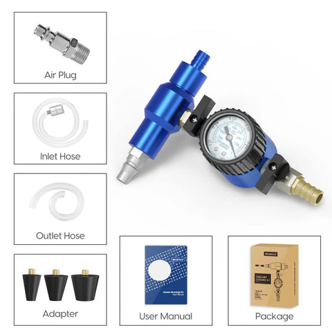 MR CARTOOL coolant vacuum refill tool with blue aluminum body and pressure gauge
Air plug for MR CARTOOL refill kit
Inlet hose for MR CARTOOL refill kit
Outlet hose for MR CARTOOL refill kit
Adapter set for MR CARTOOL coolant refill kit (three sizes)
User manual for MR CARTOOL coolant refill kit
Package box for MR CARTOOL coolant refill kit