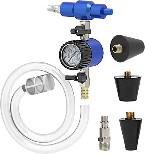 MR CARTOOL coolant vacuum refill kit with radiator pressure gauge, blue unit, clear hose, and three adapter cones.