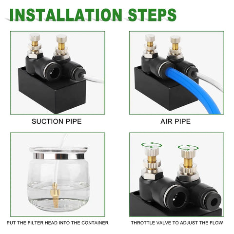 Installation steps for Mist Coolant Spray System For Metalworking CNC Lathes And Milling Machines, showing suction and air pipes.