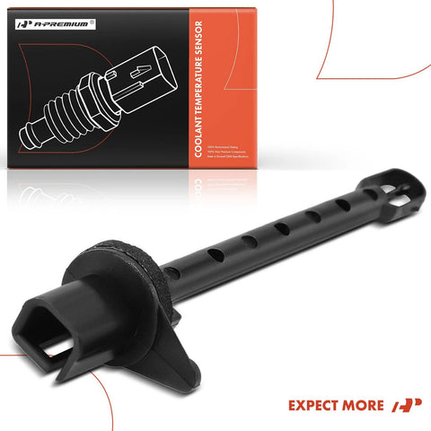 A-Premium 2-pin evaporator temperature sensor, black plastic with perforated shaft and square connector; boxed.