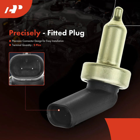 A-Premium coolant temperature sensor with 2-pin plug; front view shows metal probe and black housing, inset close-up of the connector.