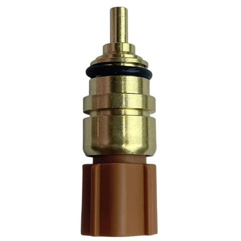 Coolant temperature sensor with brass body and brown plastic connector, front view with black O-ring