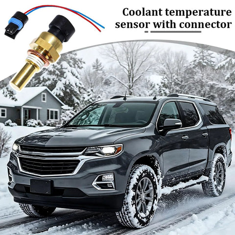 Sandfren coolant temperature sensor with connector harness; brass body with blue and red wires.