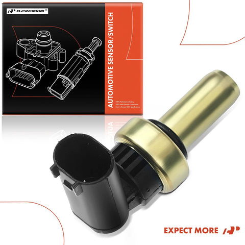 A-Premium coolant temperature sensor with brass body and black plastic connector, automotive part.