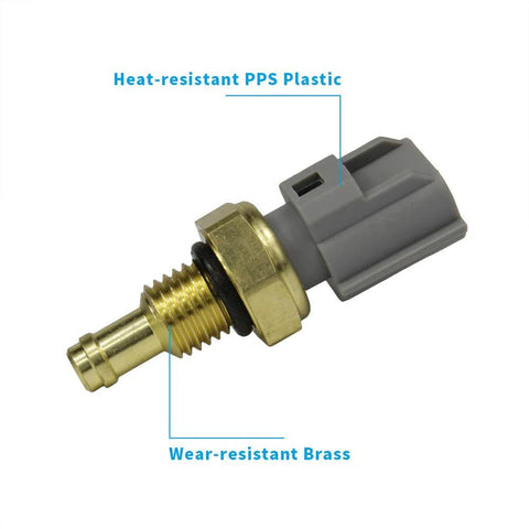Coolant temperature sensor with brass threaded body and gray plastic connector