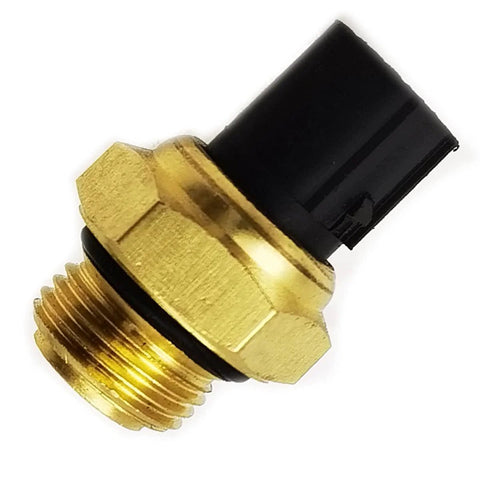 DEVMO coolant water temperature sensor, side view, brass threaded body and black plastic connector
