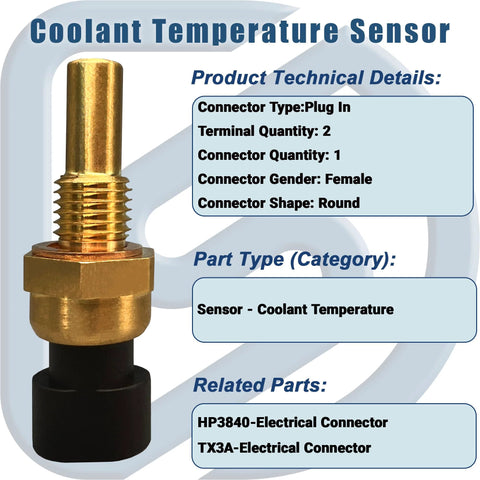 Engine coolant temperature sensor with brass threaded probe and black plastic base, front view