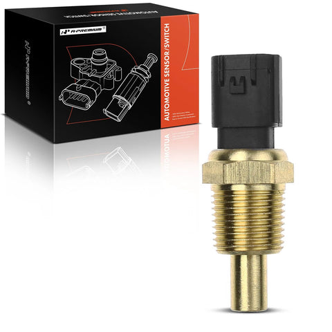 A-Premium coolant temperature sensor with brass threaded body and black plastic connector, shown with its packaging box.