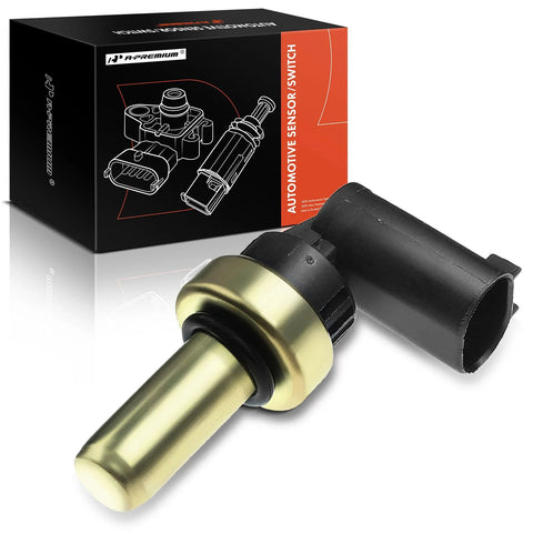 A-Premium coolant temperature sensor with brass probe and black connector, shown with its black and orange packaging box.