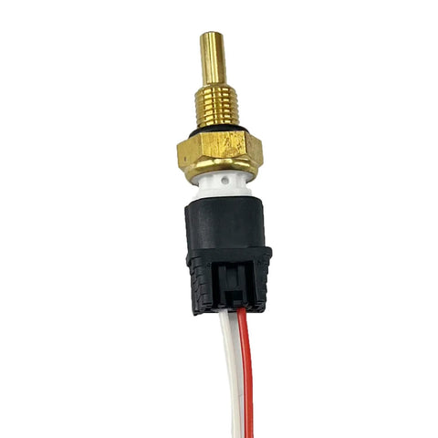 Automotive coolant temperature sensor with connector harness; brass threaded sensor, white body, black 2-pin plug, red/white wires