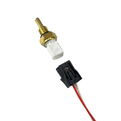 Coolant temperature sensor with brass probe and white connector, black two-pin harness with red and white wires