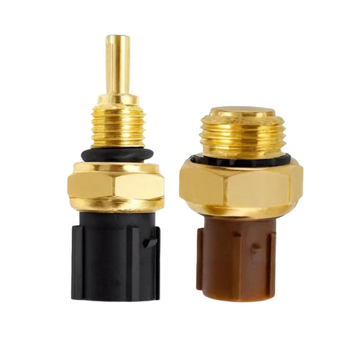 Two gold-tone automotive coolant temperature sensor switches with brass threads and black plastic housings, 2-pack.