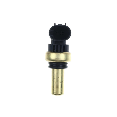 Coolant temperature sensor with brass body and black plastic connector.