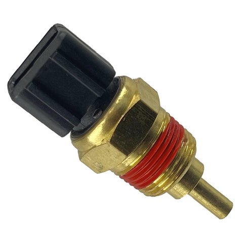 Coolant temperature sensor with brass threaded body, red sealant, and black plastic electrical connector.