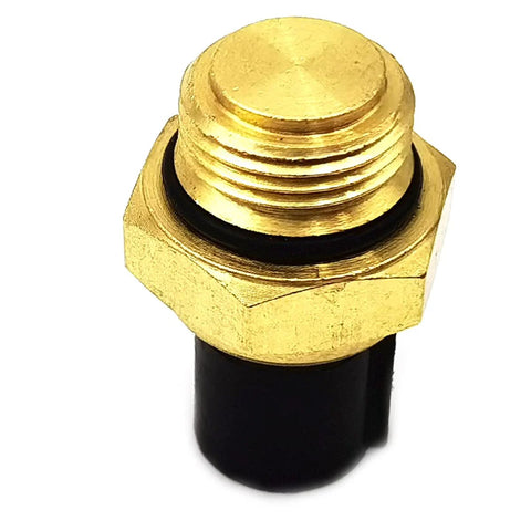 Water temperature sensor with brass threaded body and black plastic housing for automotive coolant system.