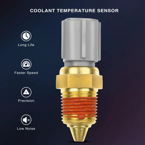 Coolant temperature sensor, front view, gray plastic connector with brass threaded body, Amazon brand.