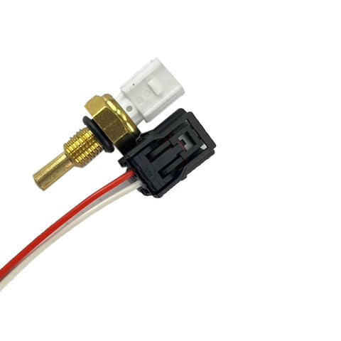 Coolant temperature sensor with connector harness, brass threaded sensor, black housing, red and white wires.