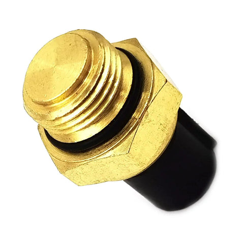 Water temperature sensor, brass threaded end with hex nut, black plastic housing — close-up view