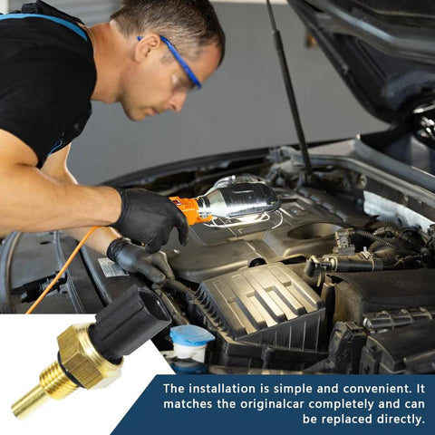 Coolant temperature sensor, brass threaded engine sensor, installed in the car's engine bay.