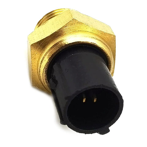 DEVMO coolant water temperature sensor with brass hex nut and black plastic connector, close-up showing two pins