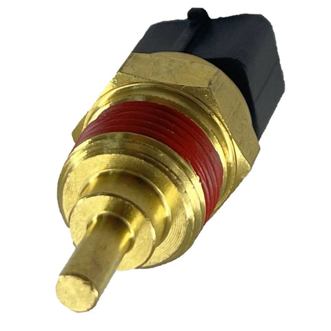 DEVMO coolant temperature sensor with brass threaded body, red seal and black connector.