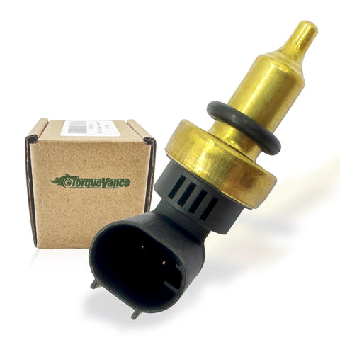 TorqueVance coolant temperature sensor with brass body and black plastic connector, boxed