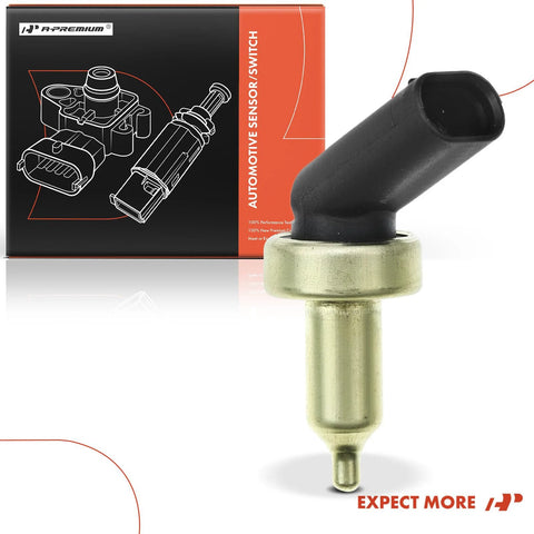 A-Premium coolant temperature sensor with a black angled plastic connector and brass stem beside its orange packaging.