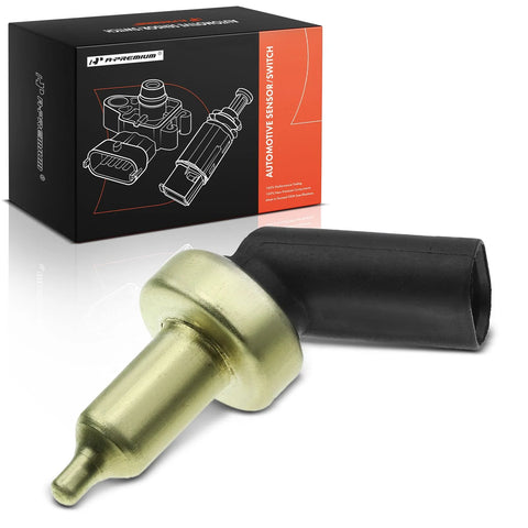 A-Premium coolant temperature sensor for Mini Cooper, brass body with black connector boot, boxed.