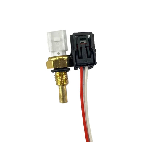 Coolant temperature sensor with connector pigtail harness; brass threaded sensor, white and black plastic connectors with red/white wires