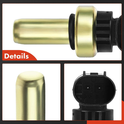 A-Premium coolant temperature sensor, gold metal body with black connector, side view

A-Premium coolant temperature sensor close-up, gold cylindrical metal body

A-Premium coolant temperature sensor connector end, black housing with terminals view