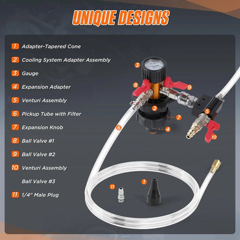 Coolant vacuum refill kit BELEY with pressure gauge, clear hose, and 5 adapters for radiator bleeding and leak testing
