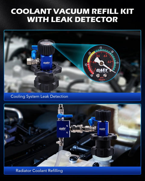Orion Motor Tech coolant vacuum refill kit with leak detector, blue valve and 5 round adapters plus 1 conical adapter