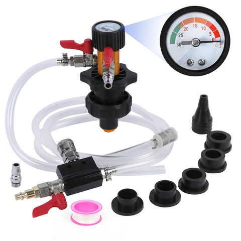 Coolant vacuum refill kit with pressure gauge, clear tubing, red valve, connectors, and five adapters for radiator testing
