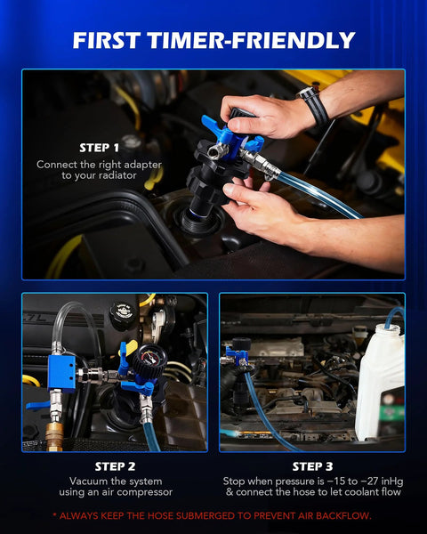 Orion Motor Tech coolant vacuum refill kit with blue adapters and dual-movement gauge for radiator fill.