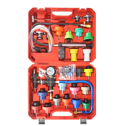 HZAUTOS 31pcs coolant vacuum refill kit in red case with 23 radiator adapters, pressure tester gauge, hoses