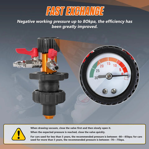 Coolant vacuum refill kit with pressure gauge, orange body, brass fittings and red lever valves
