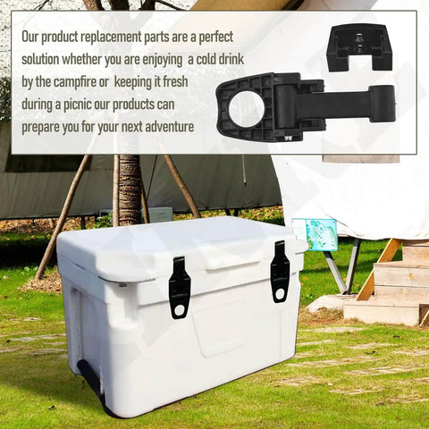 Two pack replacement cam latch set for rotomolded coolers, compatible with Fatboy, Bird Dog, OVO, SeaVilis and Xspec models shown installed on cooler