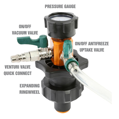 OEMTOOLS 24444 cooling system refiller kit with pressure gauge, vacuum and antifreeze valves, venturi connect, hose