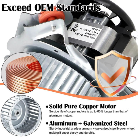 Furnace Draft Inducer Blower Motor Assembly Replacement For Carrier Bryant Payne Jakel Inducer HC21ZE121A J238-100-10108 J238-100-10108AT Fits Jakel Furnaces, close-up view showing copper motor and galvanized steel