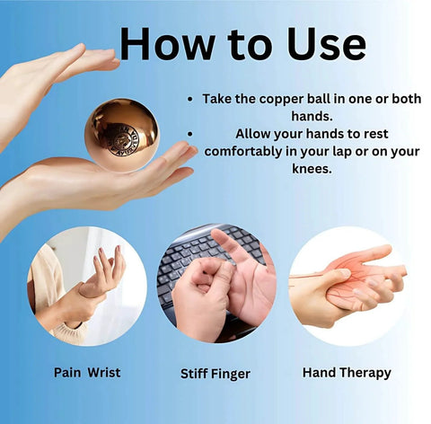 Hands holding a 3 inches Copper Ball for meditation therapy, illustrating hand therapy usage for pain relief, stiff fingers, and wrist issues.