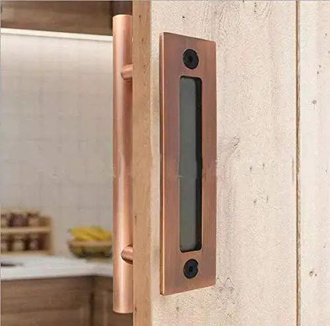 12 Inch Sliding Barn Door Handle Heavy Duty Pull And Flush Set with Rustic Two Side Design Antique Copper Finish on kitchen door