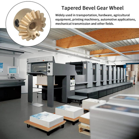 15T Copper Bevel Gear Wheel 0.8 Modulus 3mm Bore 10mm OD shown with printing machinery in background